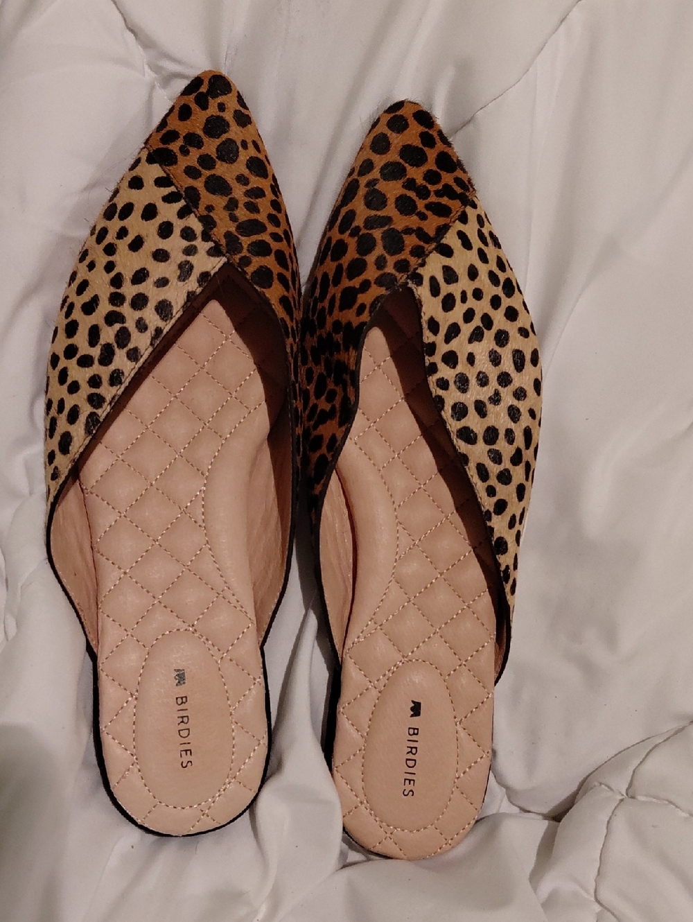 Birdies Leopard-Print Pointed D'Orsay Mules in Tan and Black
